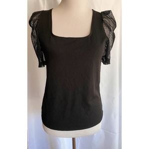 MANGO black square neck puff sheer sleeve top